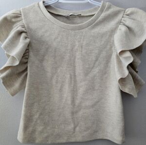 Zara Ruffle Sleeve Top Beige Short Sleeve Size S Pre-owned Statement Style